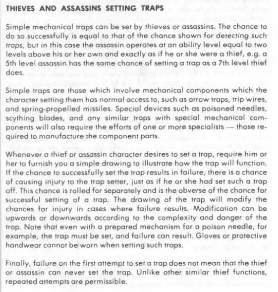 Today's 1e good design feature: Linked and nested mechanics! In this case the rules for Thieves and Assassin's setting traps. Rather than creating a new table or new mechanic, Gygax links to the existing find/remove traps as the base mechanic.