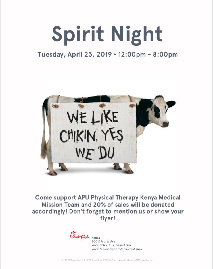 APUDPT's tweet photo. Friends!  The APU Kenya Physical Therapy Medical Mission is holding a  Spirit Night fundraiser at Chik-Fil-A on Tuesday April 23rd from 12pm-8pm. All you need to do is mention APU Physical Therapy Medical  Mission or show this flyer and 20% of sales will be donated to the trip! https://t.co/vkaPyJuKyp