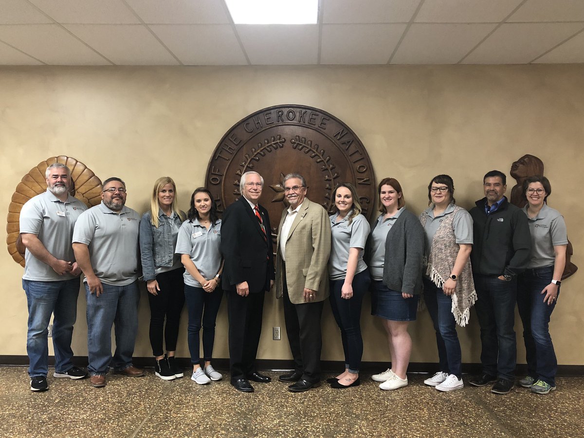 CherokeeNation's tweet photo. @chiefbillbaker and Deputy Chief Crittenden greeted visitors from Tahlequah’s Leadership class this morning at the complex. There were great discussions about @CherokeeNation programs, new projects and impact on the city of Tahlequah. https://t.co/pyBGtMjrWN
