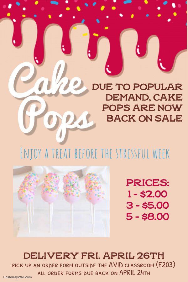 hendricksonavid's tweet photo. Cake pops are back! Come by E203 to pick up order form. https://t.co/BKxUTQYuWw