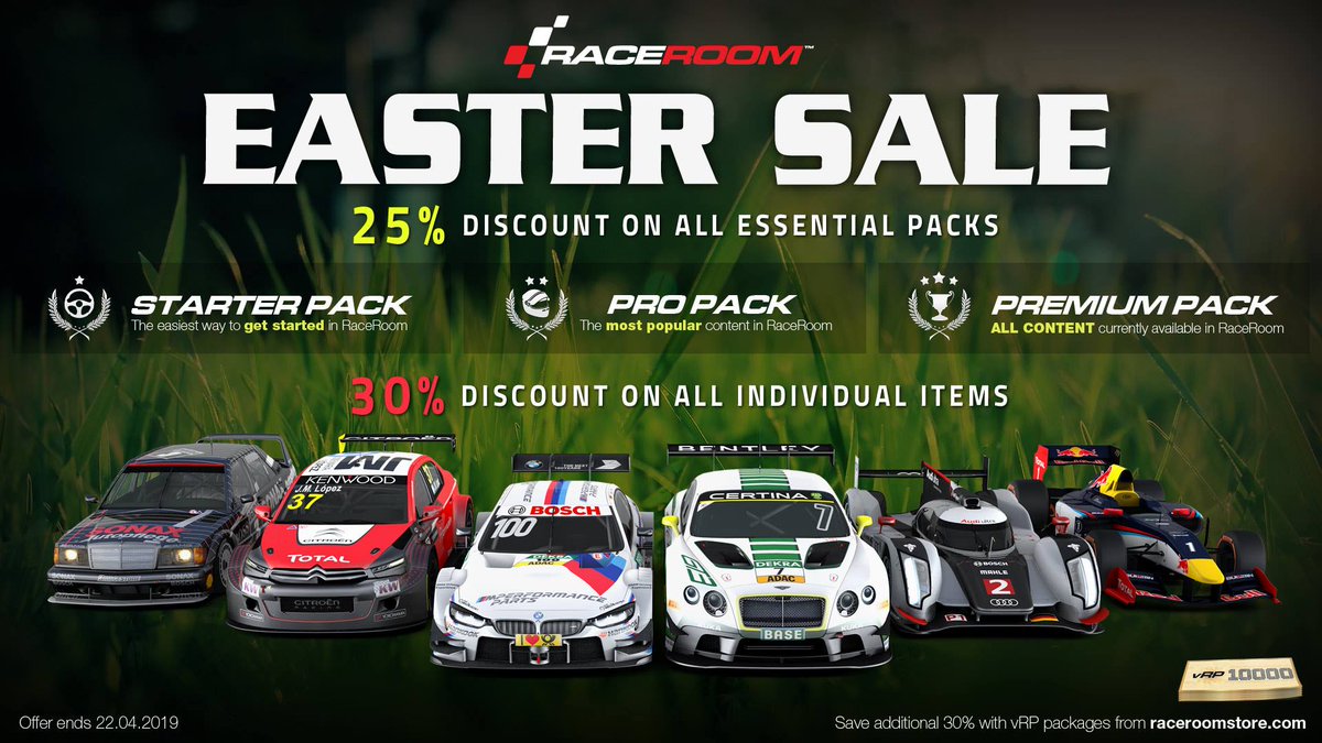 Easter Sale at #RaceRoom has started! 🐰🥚

Only now you get:
🌼 30% discount on individual cars &amp; tracks
🌼 25% discount on the Essential Packs

Save even more by purchasing vRP Packages on raceroomstore.com

Offer ends 22.04.2019