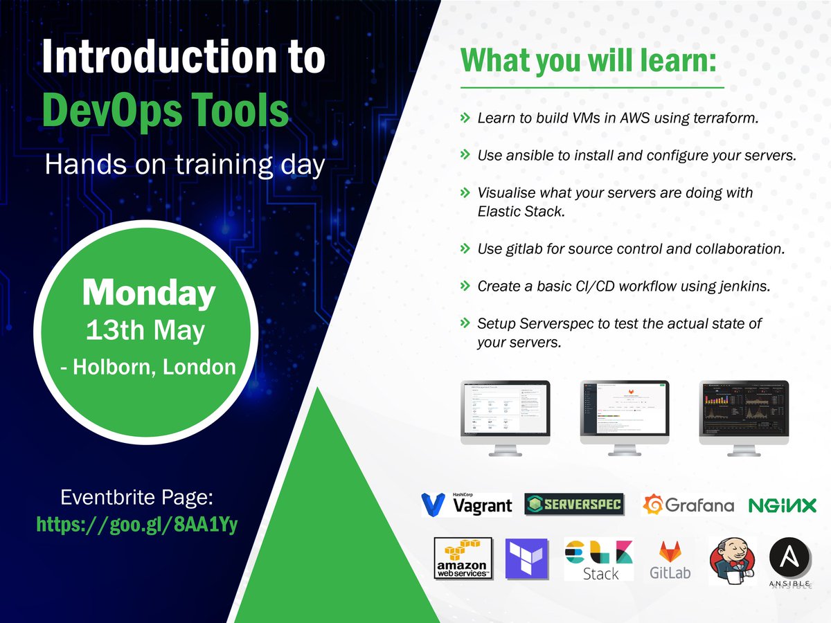 London_iac's tweet photo. Checkout my "introduction to Devops tools" training day on Monday 13th May. If you want to break into Devops, this is a great place to start.

#devops #devopstraining #terraform #ansible #gitlab #serverspec #jenkins #grafana #training #aws #linux #londoninfrastructureascode https://t.co/FBBWbLJt2E