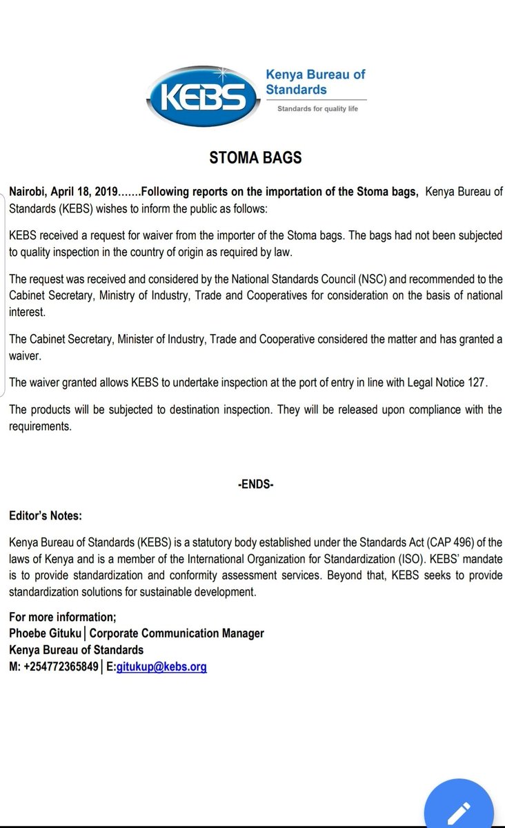 StomaCentre's tweet photo. The latest update from @KEBS_ke; they have finally granted the #Waiver!
Thank you all for helping us push for this; we have accomplished in less than a week, what KEBS have been stalling on since Dec 2018.
#OstomatesCrisisKE #StomaBagCrisisKE #HelpUsLiveInDignity #Stoma https://t.co/oG9J76YQ7j