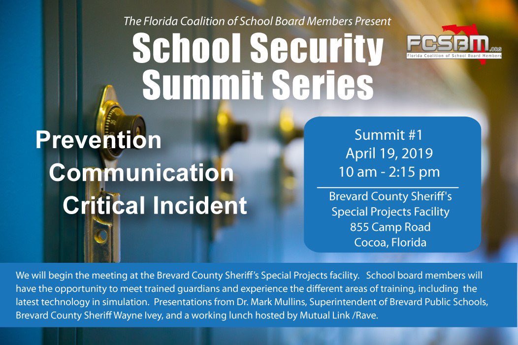 Less than 24 hours before our School Security Summit!

We look forward to an interactive discussion with a great list of speakers, including School Safety Commissioner &amp; Parkland parent <a href="/rpetty/">Ryan Petty</a>, <a href="/BrevardSheriff/">BrevardSheriff</a> Wayne Ivey, <a href="/BrevardSchools/">Brevard Schools</a> Super Mark Mullins &amp; @RaveMSafety!