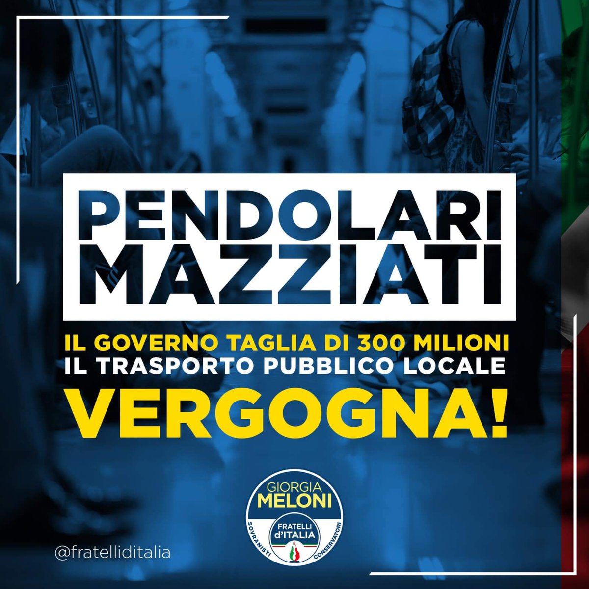 GiorgiaMeloni's tweet photo. Pendolare e mazziato! Nel #DEF il Governo taglia di 300 milioni il fondo per il trasporto pubblico locale. Meno treni, meno metro, meno autobus e più traffico e inquinamento per tutti. Ma che vergogna è? https://t.co/7gJP1HIroH