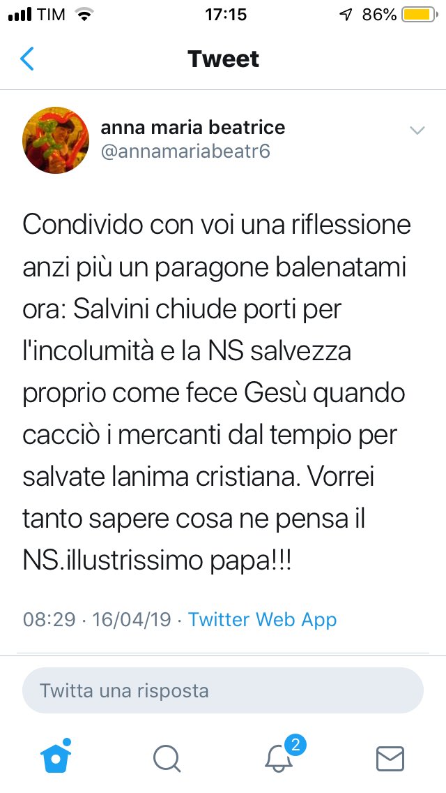avantibionda's tweet image. Anna Maria Beatrice riflette. 
E, riflettendo, trova forti analogie tra salvini e Gesù.
Io rifletto.
E penso che non posso più vivere in un Paese in cui c’è certa gente. 
#mobasta
#fatevicurare