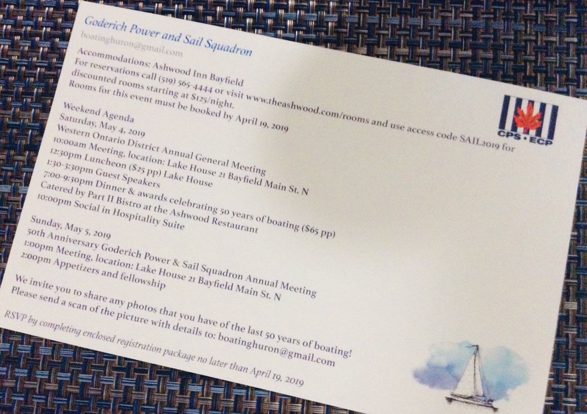 CPSGoderich's tweet photo. Do you want to join in celebrating 50 years of boating with our Squadron? Last call to register for a special weekend of fun, friendships, and connecting with fellow boaters. Email boatinghuron@gmail.com today for registration details. #boatinghuron #cpsecp #goderich #bayfield https://t.co/eM9GKDay7M