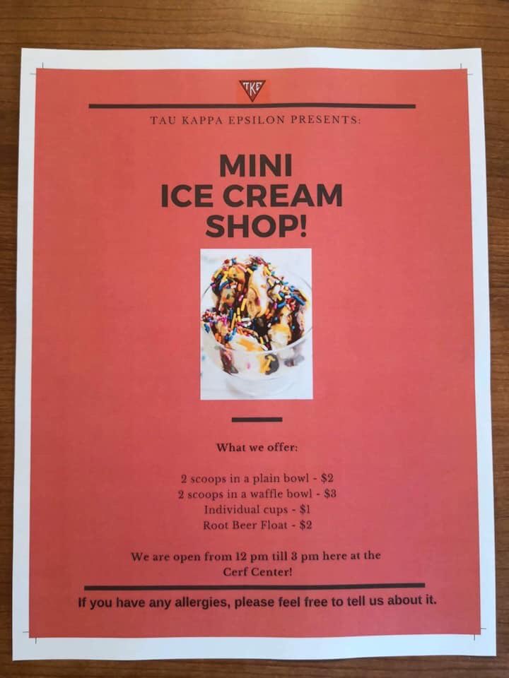 Phi_OmegaEC's tweet photo. Our TKE brothers are running a mini ice cream shop in the Cerf center today from 12-3pm! Come out and get some ice cream, proceeds go to St. Jude! https://t.co/1dhH4e9R55