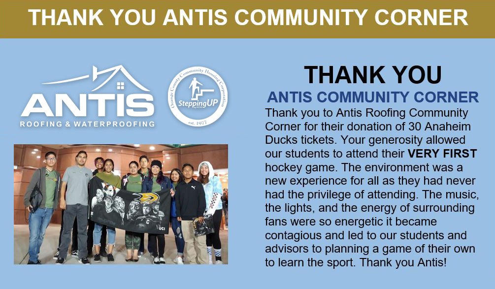 antisroofing's tweet photo. Welcome to #AntisCommunityCorner! Students from #OCCHC attended their VERY 1st @AnaheimDucks game @HondaCenter through our program providing tickets to nonprofits.
Interested in tickets for your nonprofit organization? >https://t.co/3SwaXlMEbS
#AntisRoofing #LiveToGive #GoDucks https://t.co/IIXqR3CTgI