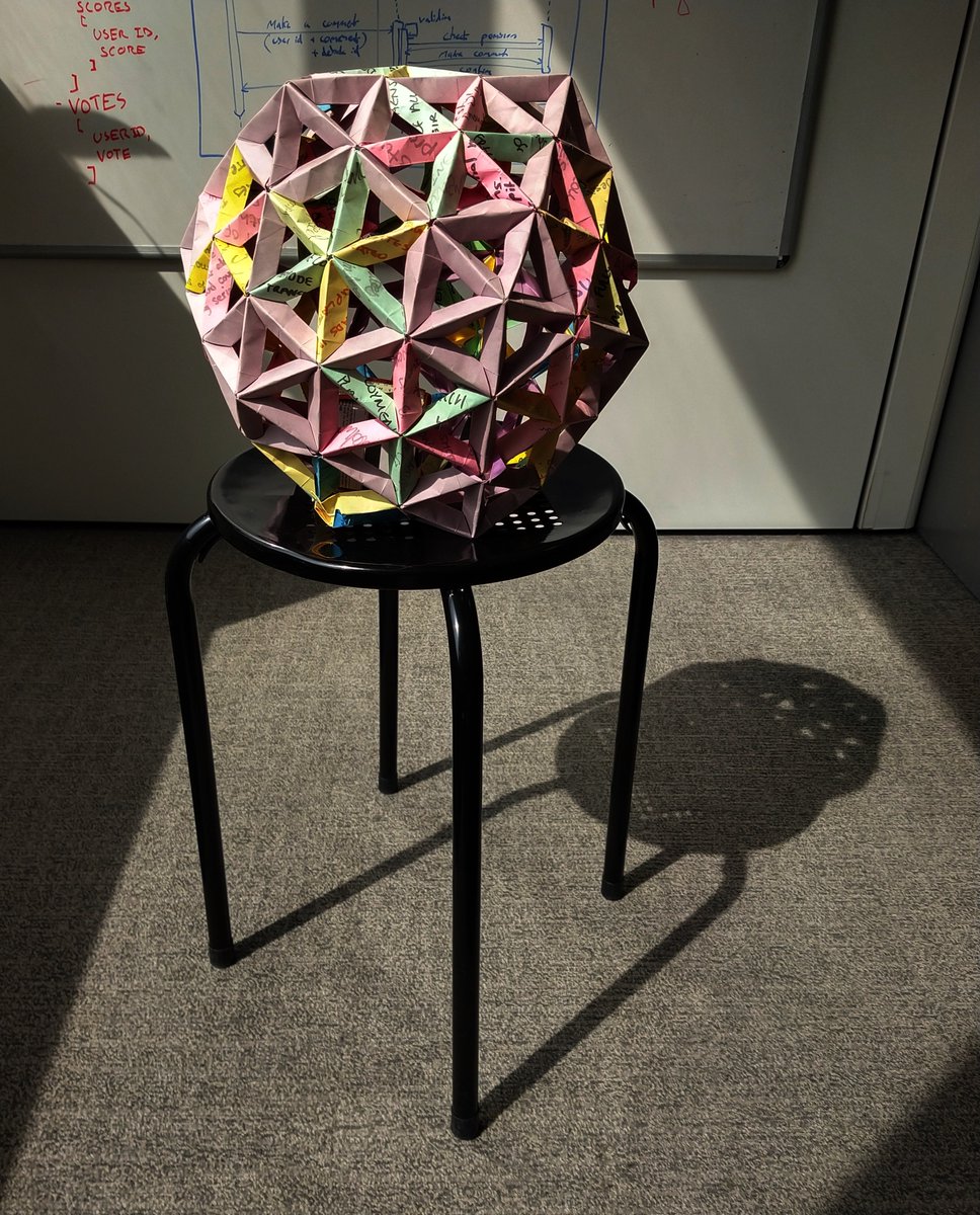 upthebuzzard's tweet photo. Last day in the old office, time to offload the non-essentials. For example, some #ModularOrigami, crafted 5ish years ago from (mostly) used post-its. This one took several months of not browsing on a phone during the longer meetings. https://t.co/wiOS2B0fRG