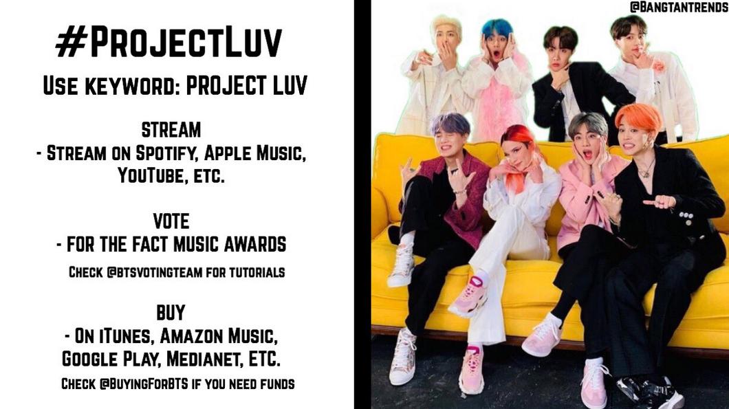 USBTSARMY's tweet photo. [🔔🚨] Let's come together and join the hashtag #ProjectLuv!

There's only 1 day left for Billboard's first tracking week, so let's secure our position on the charts!

Below are different places to purchase the single and how to vote for FACT Music Awards! 🔽

#BTS
(@BTS_twt) https://t.co/qxeq4sjgoL