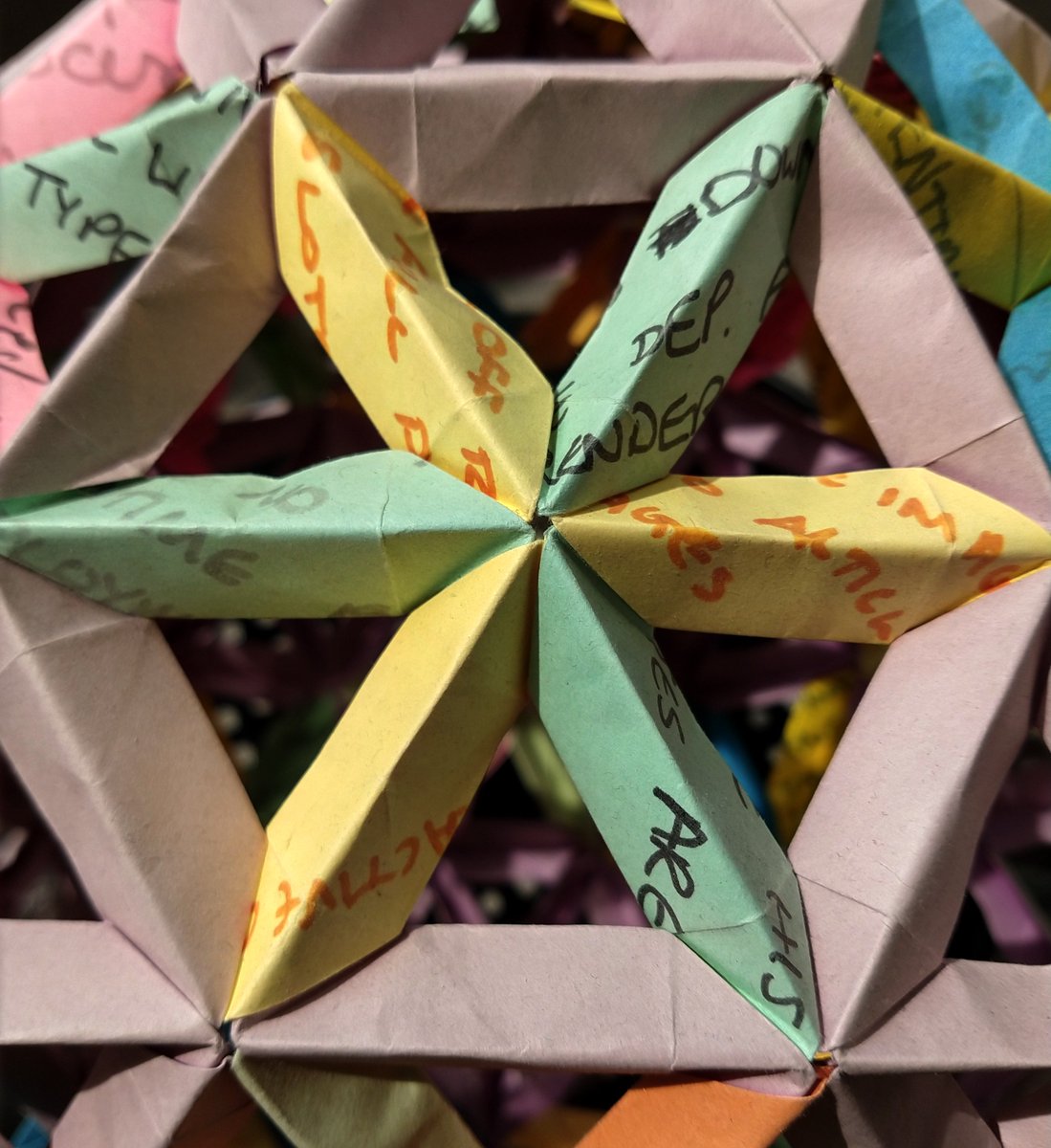 upthebuzzard's tweet photo. Last day in the old office, time to offload the non-essentials. For example, some #ModularOrigami, crafted 5ish years ago from (mostly) used post-its. This one took several months of not browsing on a phone during the longer meetings. https://t.co/wiOS2B0fRG