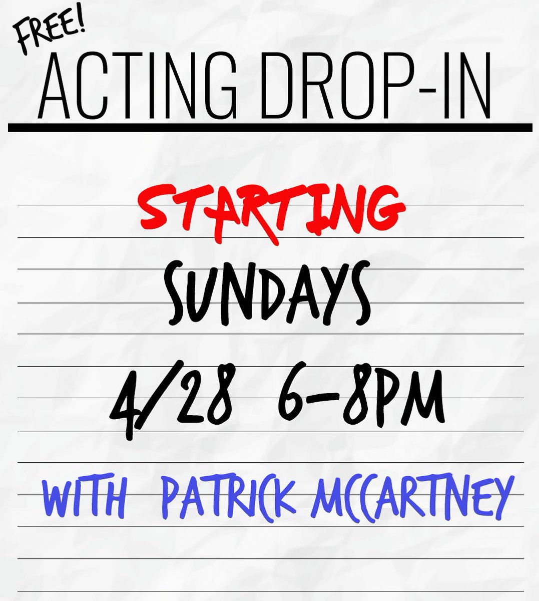 Looking to up your acting chops? Come to @thepatrickmac's drop-in classes on SUNDAYS! Oh and did we mention that it was FREE! bit.ly/2KOuGos

#FreeThingsToDoinNYC 
#NYC #Weekend