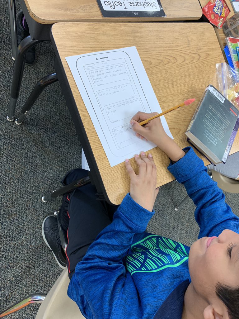 MsAmberMirski54's tweet photo. @DiscoveryEd #SOStrategy “Table Top Texting” was a hit! In SEL, we responded to a read aloud that gave us insight on cultural perspective. Ss worked with a partner to respond to a situation that occurred in the book 😁#DEN #LakeviewSchool54 https://t.co/se5rxd9DUf