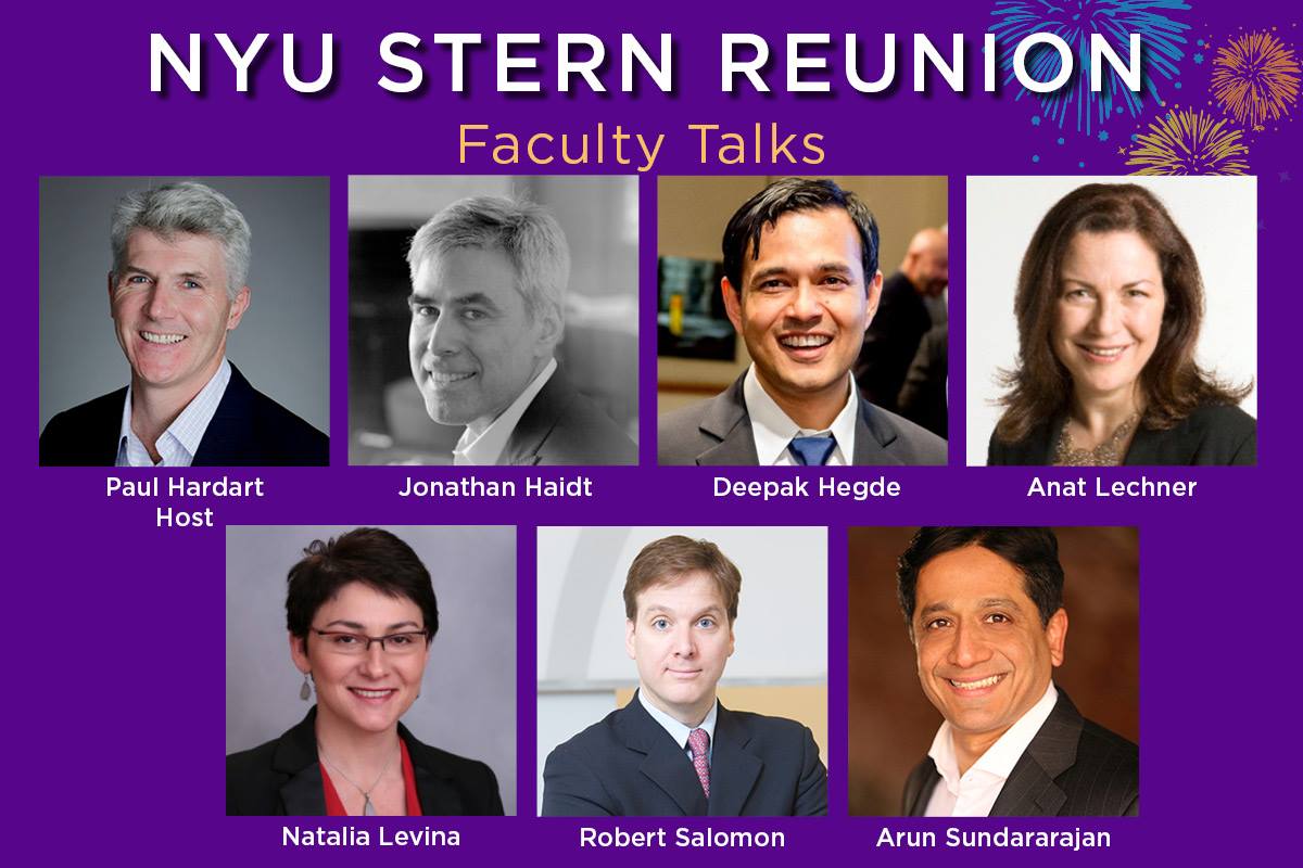 NYUStern's tweet photo. The faculty lineup for the 2019 #SternReunion is confirmed! Excited to hear from Profs @JonHaidt, @anatlechner, @RobertSalomon, @digitalarun, Paul Hardart, Deepak Hegde and Natalia Levina. Learn more: https://t.co/LmXt9xDC4w https://t.co/quYAfb1C8k