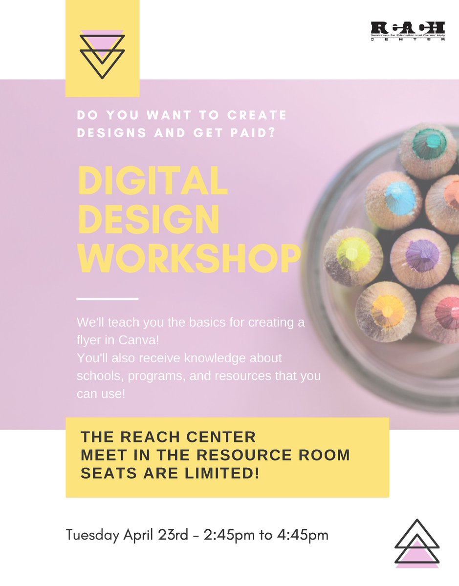 reachtacoma's tweet photo. Digital Design Workshop! 
Do you like logos? Color themes? Flyers and brochures? Websites? 
Then you like Digital Design! 
Stop by the REACH center and meet us in the Resource room for some good information, resources, and hands on learning! https://t.co/9lIdf3uszp