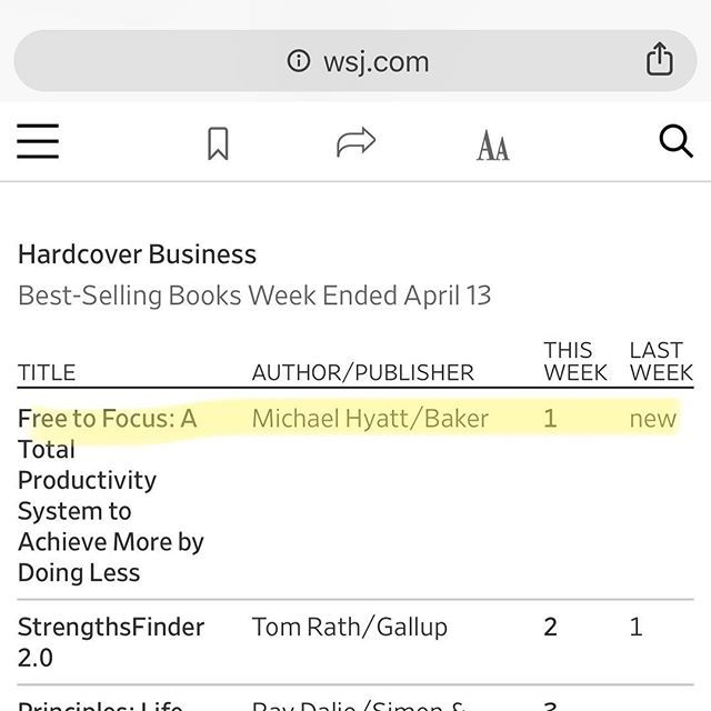 MichaelHyatt's tweet photo. So My new book, Free to Focus, just hit #1  on the Wall Street Journal Business Best Sellers List. Thanks to all of you who have supported me on this project, especially my team at Michael Hyatt &amp; Company!

#tw #freetofocus #freetofocusbook #productivity… https://t.co/HrkOYofZ9x https://t.co/Atw7ND5kdK