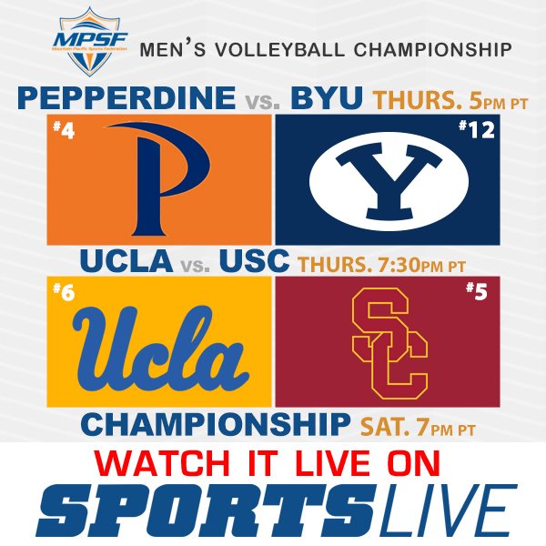 SportsLive's tweet photo. #MPSFVball semis: Top seed @PeppVolleyball faces defending champ @BYUvolleyball followed by @UCLAMVB vs. @USCmensvolley. Watch #NCAAMVB at 5 PT on SportsLive!

#4 @PepperdineWaves vs. #12 @BYUCougars 
#6 @UCLAAthletics vs. #5 @USC_Athletics 
📺 https://t.co/orB6vRG4E8 https://t.co/KIqQQun1TO