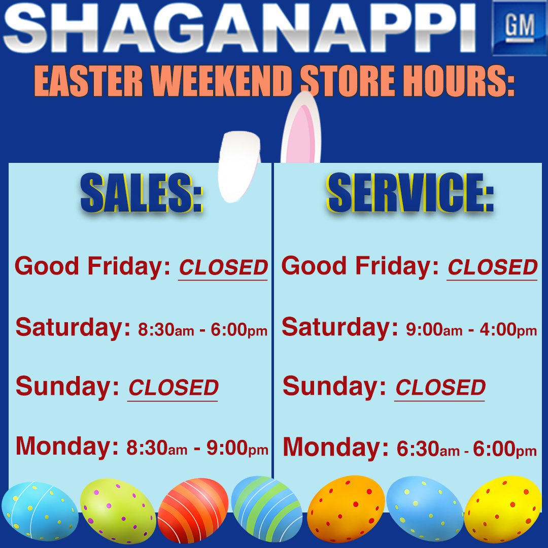 Happy Easter!! We would like to make everyone aware of our modified hours this weekend. If you are eager to shop tomorrow, make sure to swing by the Calgary International Auto &amp; Truck Show!! We will have our team down there all weekend ready to help you out!! #shaganappigm
