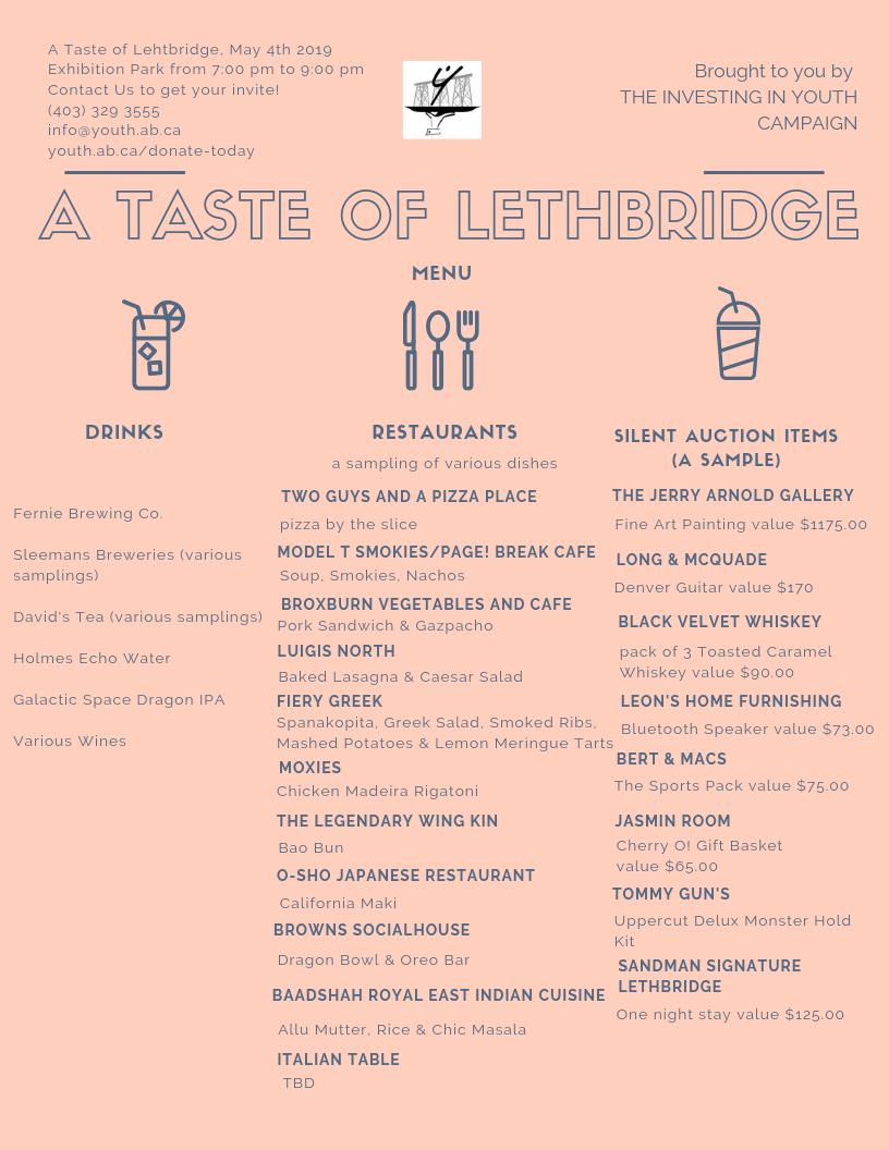 5thon5th's tweet photo. Check out some of the restaurant, beverage vendors and a sample of our silent auction items to A Taste of Lethbridge! Check out the event here: https://t.co/SbuLZAm2wa @ExParkLeth @Leth_Herald https://t.co/JKzpXdXPA5