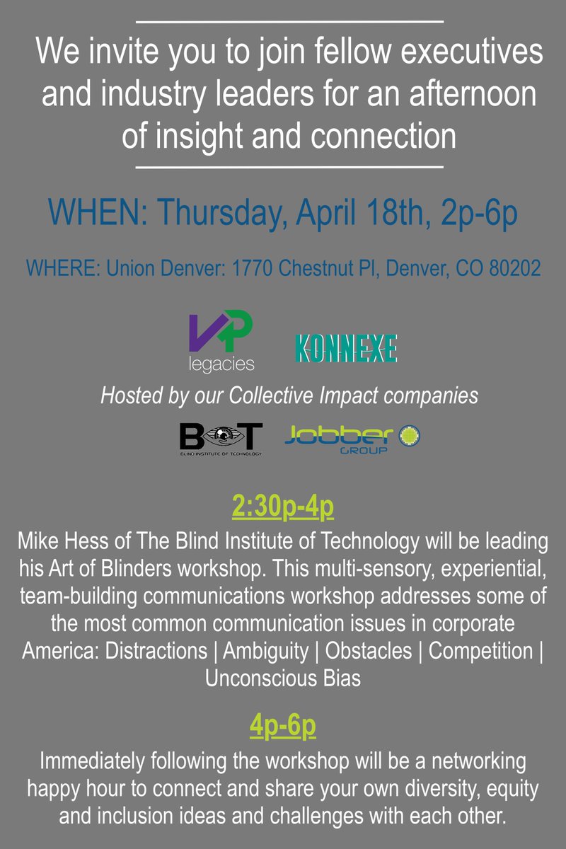 JobberGrp's tweet photo. This is happening today! Our first #CollectiveImpact #UnconsciousBias #workshop and #networking for #Denver #leaders. We can't have conversations about #inclusion and #diversity without first confronting our #UnconsciousBiases. @BlindInstituteT @KonnexeNetwork @VPLegacies https://t.co/Tbh1hZpNVg