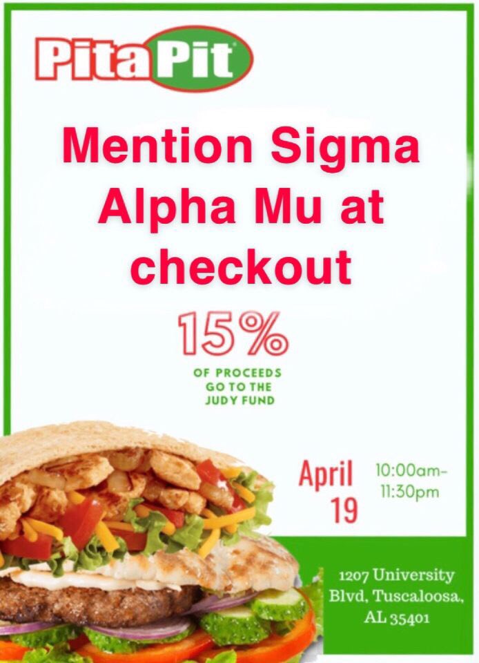 ua_sam's tweet photo. Come out to Pita Pit tomorrow 10 am to 11:30 pm to help raise money for the Judy Fund! Be sure to mention Sigma Alpha Mu at checkout!! https://t.co/GiWUhVi5Ii
