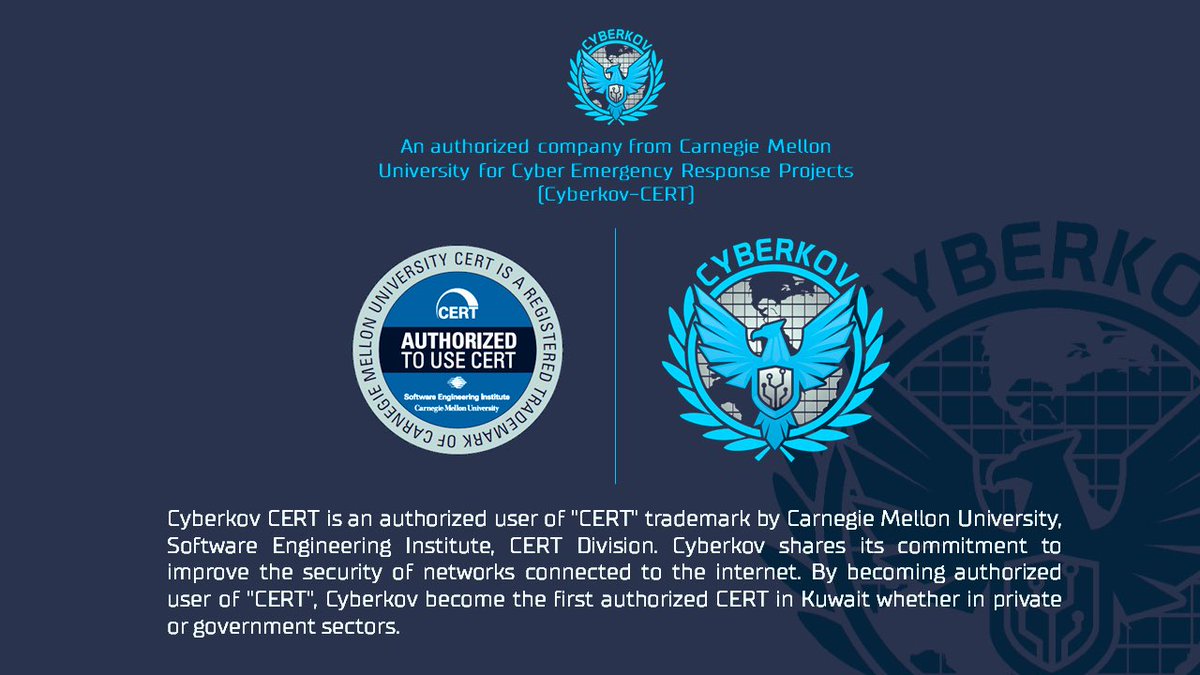 CyberkovLtd's tweet photo. يسعدنا اعلان حصول شركة سايبركوف على اعتماد جامعة كارنيجي ميلون الخاص بالاستجابة السريعة للتهديدات السيبرانية Authorized CERT، وبذلك تصبح الشركة الوحيدة في الكويت 🇰🇼 الحاصلة على هذا الاعتماد

تلتزم سايبركوف بتحسين ورفع مستوى الأمن السيبراني في الكويت ولدى عملائها في العالم العربي https://t.co/zIh89qw2qy