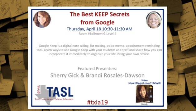 StarrReadnRun's tweet photo. I FINALLY got to attend sessions with @librarian140 & @sherryngick and @TLJamesA Fantastic info on Google Keep and working with images. #txla19 #learninglibrarian https://t.co/yc5ZWRgsAY