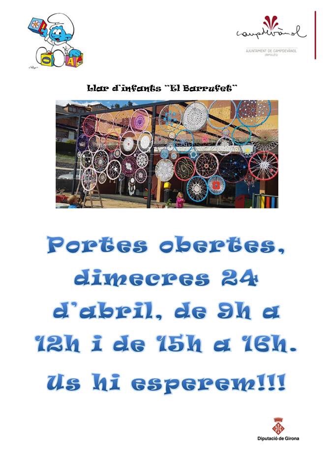 AjCampdevanol's tweet photo. 📌El proper dimecres 24 d’abril es farà una jornada de portes obertes a la Llar d'infants "El Barrufet" de Campdevànol, qui també pròximament obrirà el termini de preinscripció per al curs que ve (del 13 al 24 de maig)

Us hi esperem! https://t.co/qtMm74iSfM