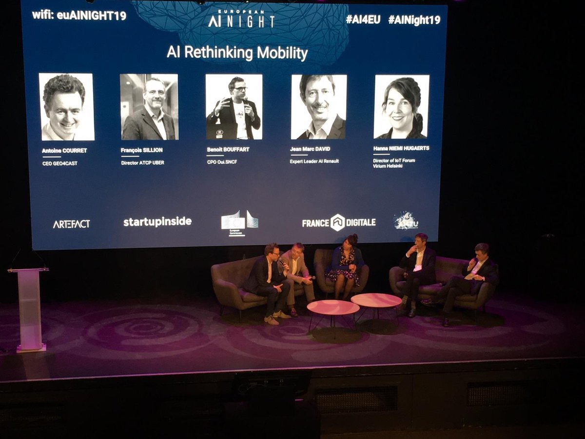 [#Ainight19]
<a href="/bbouffart/">Bouffart</a> : « easy is key and #AI can help to hold all public and private transportation offers in a single app »
🙏 @CitySDK_Hanna de <a href="/ForumVirium/">ForumViriumHelsinki</a> <a href="/renault_fr/">Renault France</a> <a href="/FrancoisSillion/">François Sillion</a> de <a href="/UberFR/">Uber France</a> 
#AI4EU