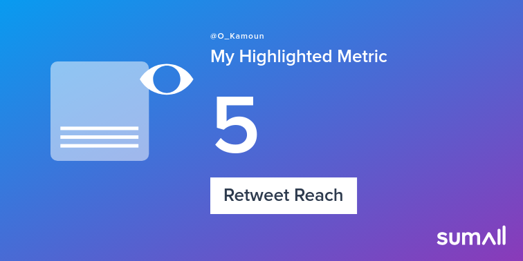 O_Kamoun's tweet photo. My week on Twitter 🎉: 1 Retweet, 5 Retweet Reach, 1 New Follower. See yours with https://t.co/kewYScX3bd https://t.co/A5UruvVY6I