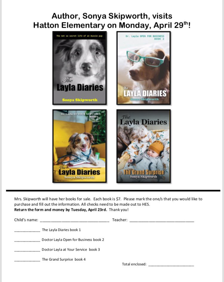 HESindiansCCS's tweet photo. We have a local author, Sonya Skipworth, coming to visit our library April 29th. She has some of her books for sell. They are $7.00 each. The money is due to Mrs. Pendley on Tuesday, April 23rd. We will take money for books after the visit as well. Thank you! https://t.co/7HM0iuOrn5