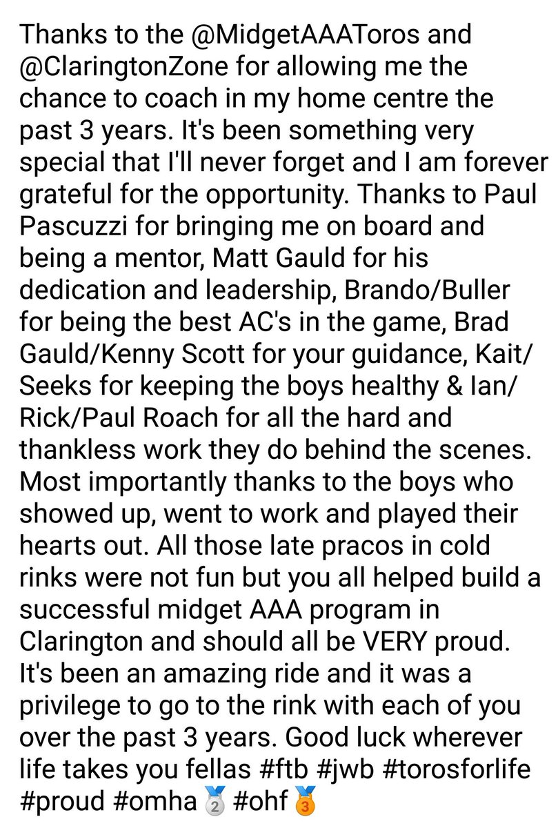 PatLenehan55's tweet photo. After a lot of thinking, it's time to step away from coaching for the time being. As much as I'm going to miss it, it's time to enjoy some football Sundays and beer league puck with the lads. Good luck moving forwards to the @MidgetAAAToros and @ClaringtonZone #🐂🤘 https://t.co/3jZFhg4Iya