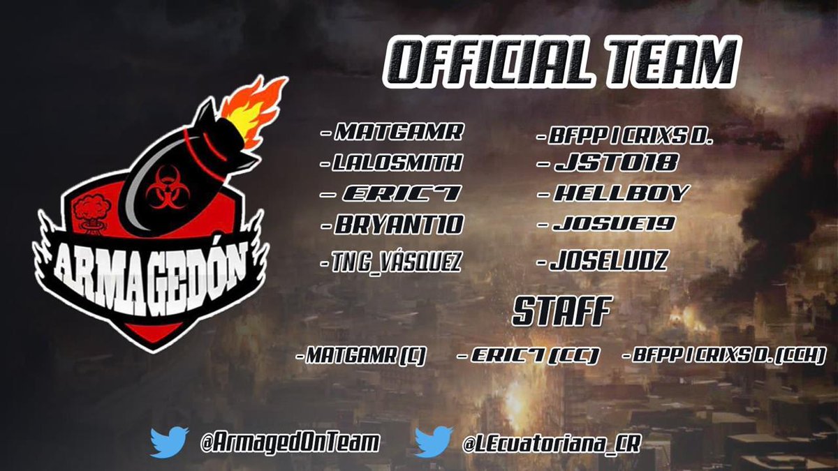 Armaged0nTeam's tweet photo. Hola a todos, hacemos público nuestro roster oficial para participar en la @LEcuatoriana_CR, esperando conseguir los mejores resultados con el desempeño de nuestros jugadores, ¿creen que llegaremos lejos? Los estaremos leyendo. #GoARMAGEDÓN☢ https://t.co/2rEYC4eHvi