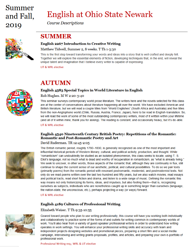 OSUnEnglish's tweet photo. As you are signing up for Summer and Autumn Semester(s) 2019 classes, be sure to check out the great English courses that will be offered! Sign up now! #OhioStateNewarkEnglish https://t.co/tyA8dMl2gL