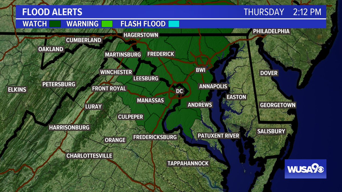 hbwx's tweet photo. Flash Flood Watch up for DC region from Noon Friday-5 AM Saturday for local amounts above 3". This is in addition to the threat of strong to severe storms that will be possible Friday afternoon into Friday night. @wusa9 @TenaciousTopper @MelissaNordWx @MiriWeather #WUSA9Weather https://t.co/ujdcCcx57y