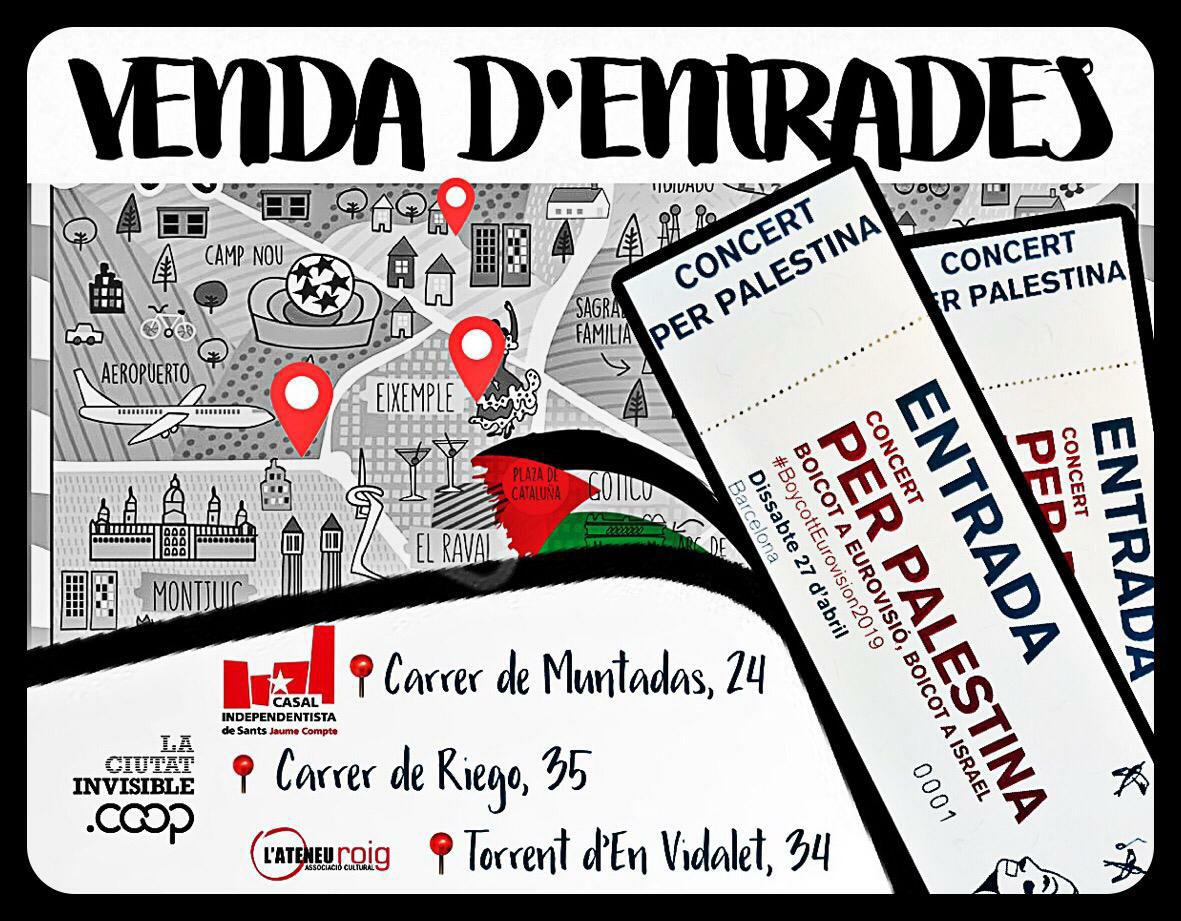 BDSCatalunya's tweet photo. Punts de venda d'entrades del #ConcertPerPalestina el dia de #SantJordi2019, a #Barcelona i al #BaixLlobregat. Gràcies a totes les entitats i projectes que hi participeu! @TigrePaper @ciutatinvisible @ateneu_roig @jaumecompte @brigadesHurriya @casalpopularstf #BDSesDDHH https://t.co/syr2nie2lM