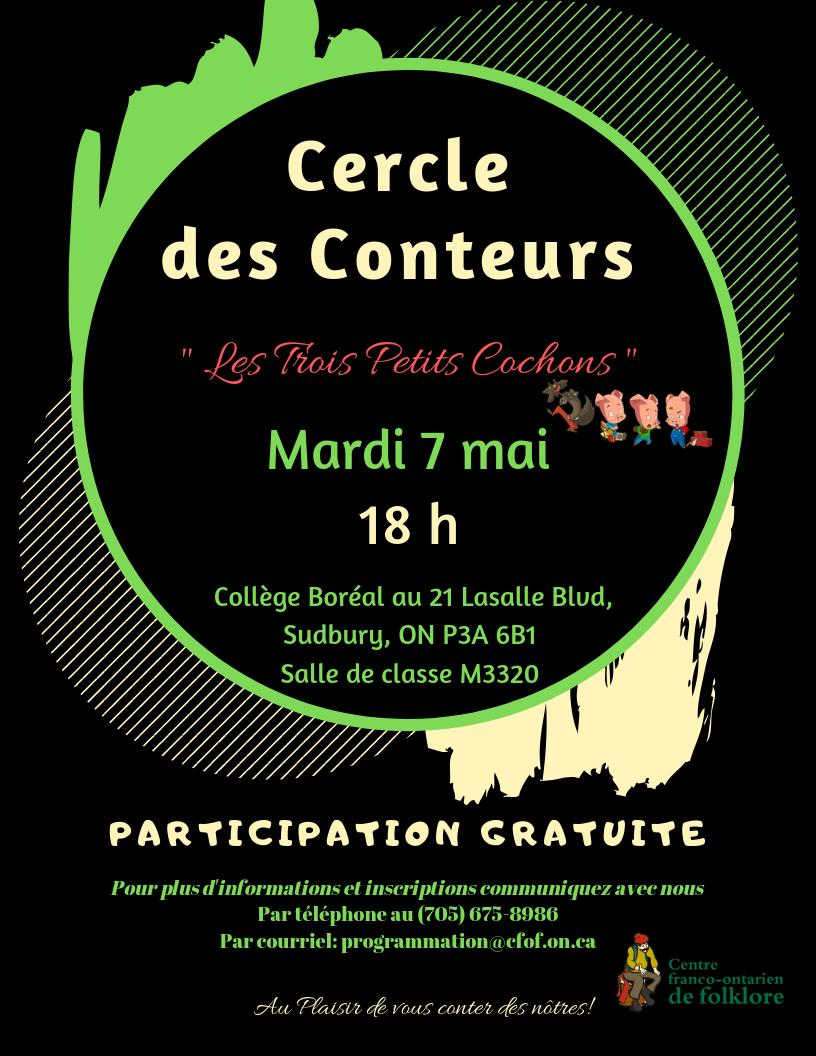 LeCFOF's tweet photo. La prochaine rencontre du Cercle des conteurs aura lieu le mardi 7 mai au collège Boréal à 18 h. https://t.co/MBoFRpJ2Az