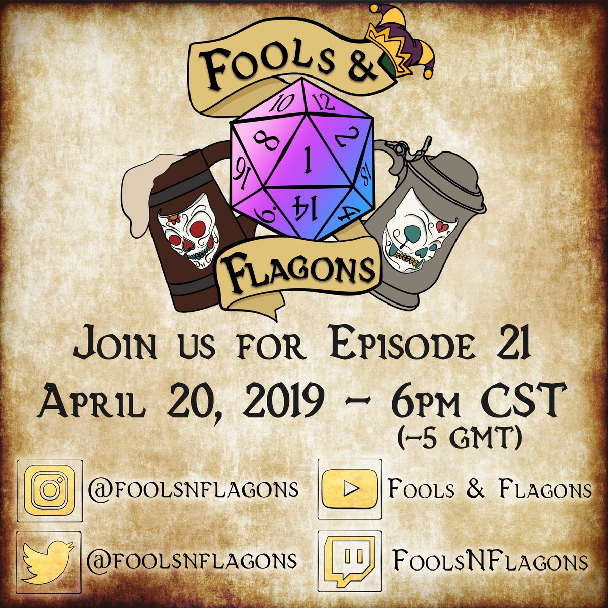 FoolsNFlagons's tweet photo. Join us SATURDAY April 20 at 6pm CST for Episode 21!
.
--Watch us live on--
YouTube: https://t.co/A9ojEpAI29
Twitch: https://t.co/wwJzBUnfcL
Mixer: https://t.co/A71EixK3D0
.
#foolsandflagons #dungeonsanddragons https://t.co/I4nmZ3uFFW
