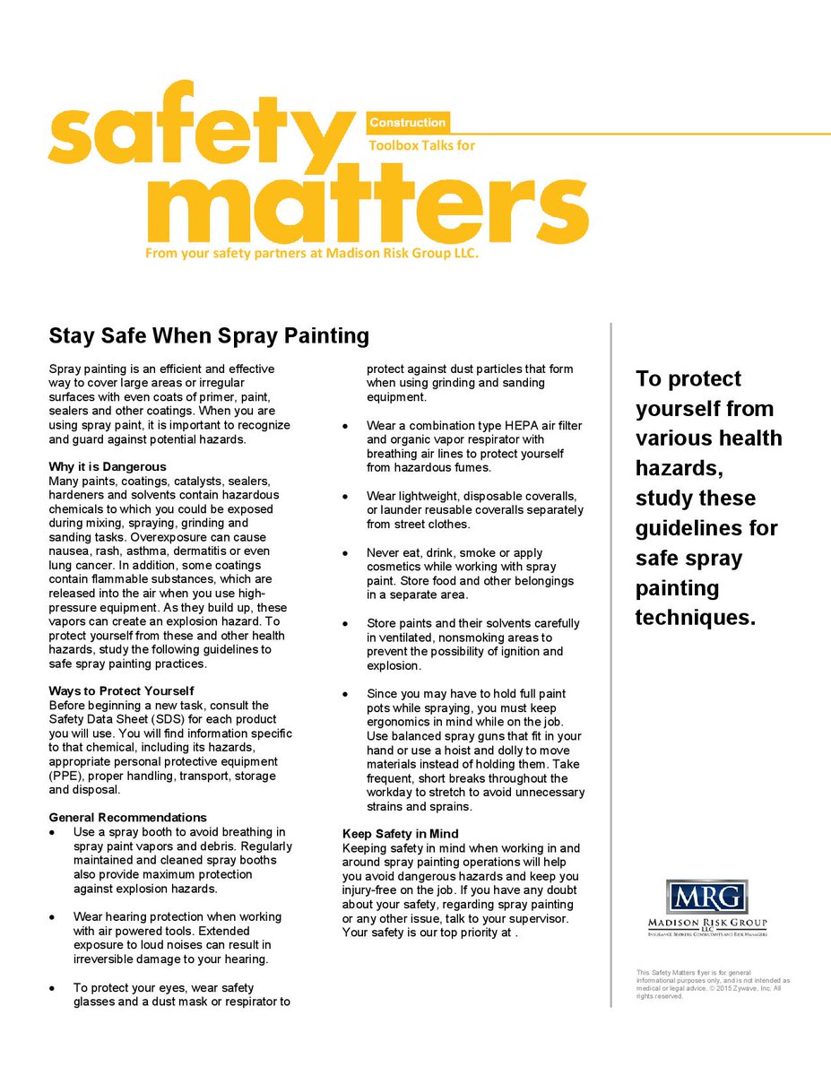 RiskMadison's tweet image. Spray painting is an efficient and effective way to cover large areas or irregular surfaces with even coats of primer, paint, sealers and other coatings. It is important to recognize and guard against potential hazards...Click below to read more!
#insurance #riskmanagement