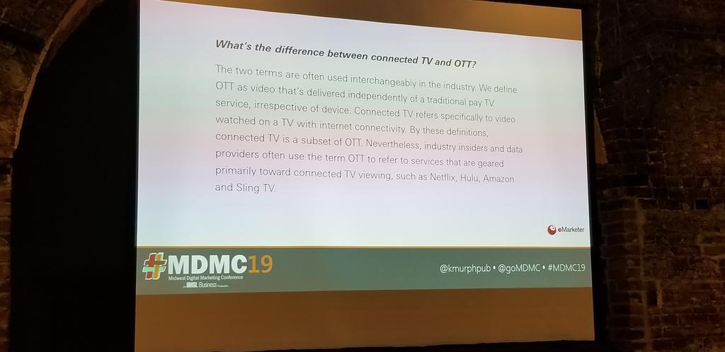 FaithCHoward's tweet photo. Is connected TV the same as OTT?--No. @Kmurphpub #MDMC19 https://t.co/5Rjp22SZFt