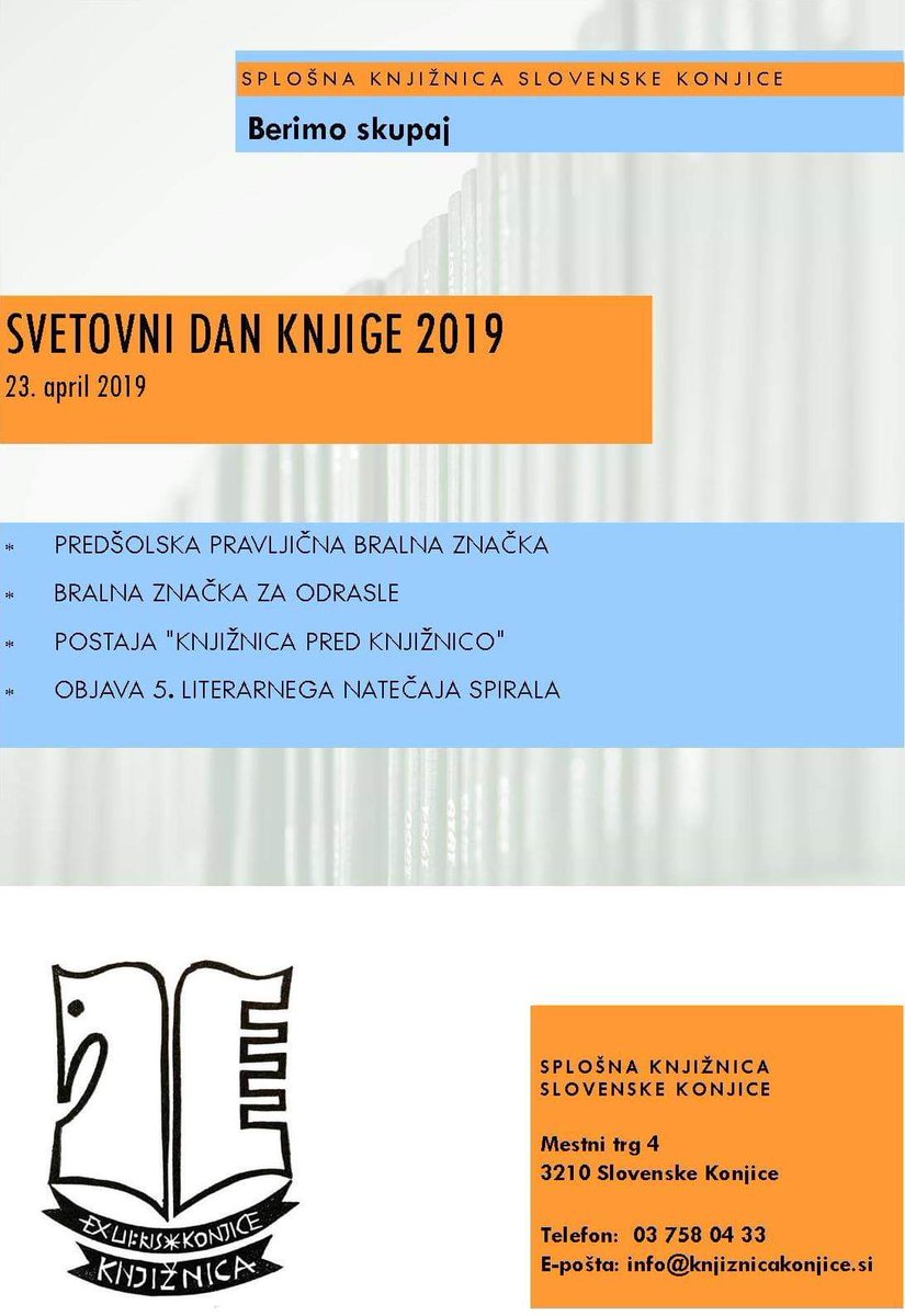KKonjice's tweet photo. 🔻NOVO🔻 [📚Berimo skupaj📚]
Ob Svetovnem dnevu knjige v Splošni knjižnici Slovenske Konjice pripravljamo⏬⏬. https://t.co/o6puSO9Vqc