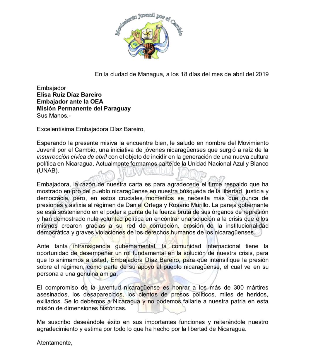 MJC_NIC's tweet photo. En el primer aniversario de la insurrección cívica de abril, le agradecemos a la Embajadora @ElisaRuizDiazB por todo su respaldo y la animamos a redoblar la presión sobre el régimen Orteguista en aras de la libertad del pueblo nicaragüense #SOSNicaragua https://t.co/PuFhnhMBHO