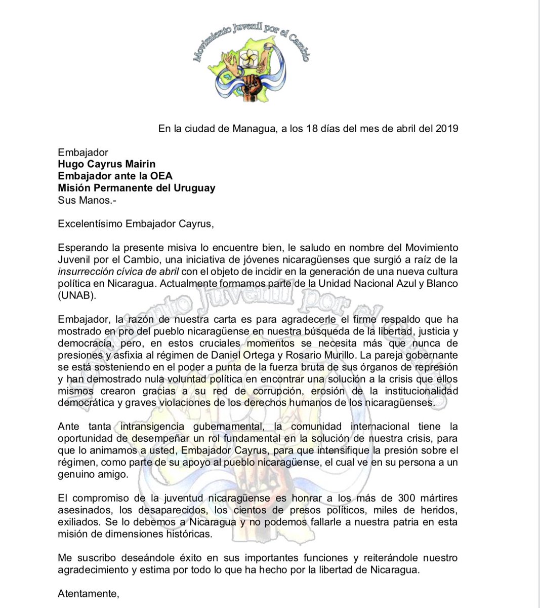 MJC_NIC's tweet photo. En el primer aniversario de la insurrección cívica de abril, le agradecemos al Embajador Hugo Cayrus Mairin por todo su respaldo y lo animamos a redoblar la presión sobre el régimen Orteguista en aras de la libertad del pueblo nicaragüense #SOSNicaragua https://t.co/2jcsLJonll