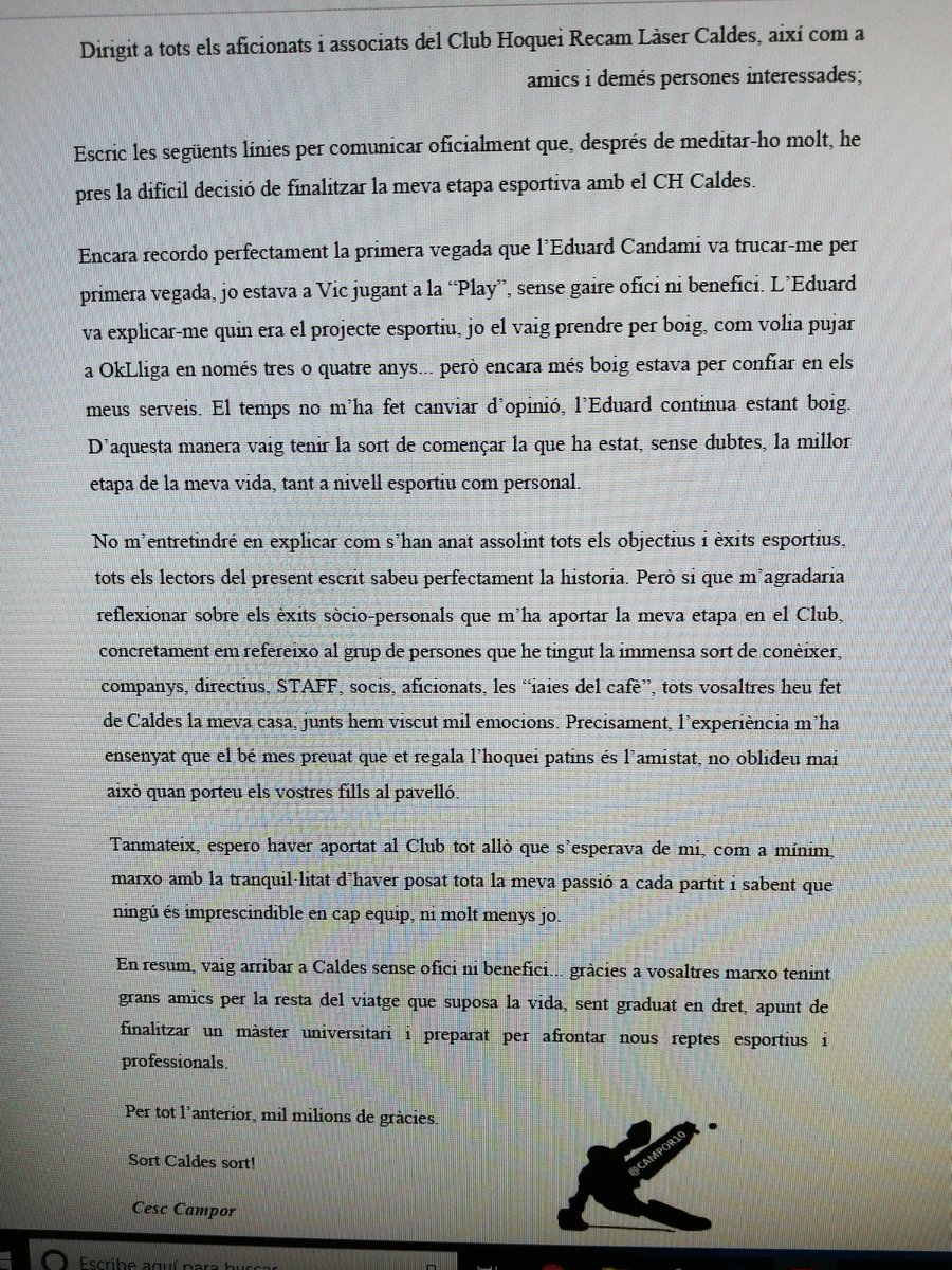 Campor_10's tweet photo. Comunico formalment que aquesta serà la meva última temporada a @chcaldes han sigut els 6 millors anys de la meva vida. Força caldes! @lagentdelbombo https://t.co/nMsPYb07c1