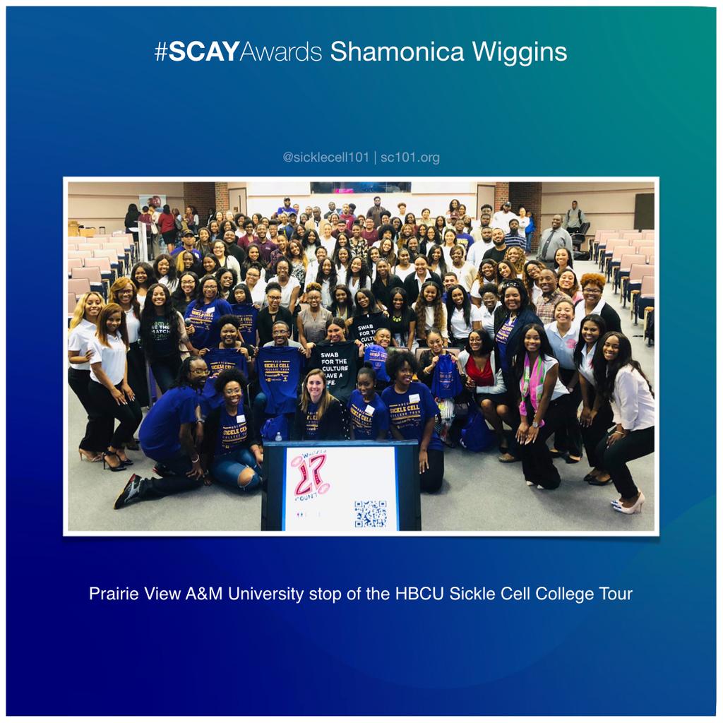sicklecell101's tweet photo. 2018 National (U.S.) SCAY Award winner, Shamonica Wiggins continues her work through #BLFSC. 

Her advice for those with #sicklecell is to think positive thoughts, stay away from stress, hydrate and above all, not give up.

Submit a #SCAYAwards nomination https://t.co/p5mLdscRUJ https://t.co/FCRsCVEbj1