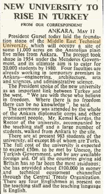 Middle East Technical University main campus is announced on London Times 12 May 1962. #metu #ODTÜ #metuncc #ODTÜkkk