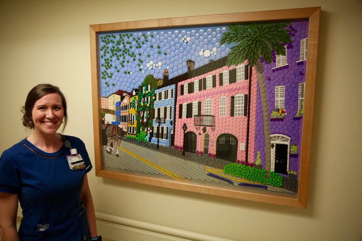 RoperStFrancis's tweet photo. #RN Beth Beaty spent more than one year collecting discarded supplies, mostly medicine caps, to create a beautiful mosaic of iconic #RainbowRow that she donated to Roper Hospital for our patients, staff and visitors to enjoy. What a gift! https://t.co/QX5TZoWABj https://t.co/yXq3TLbcPk