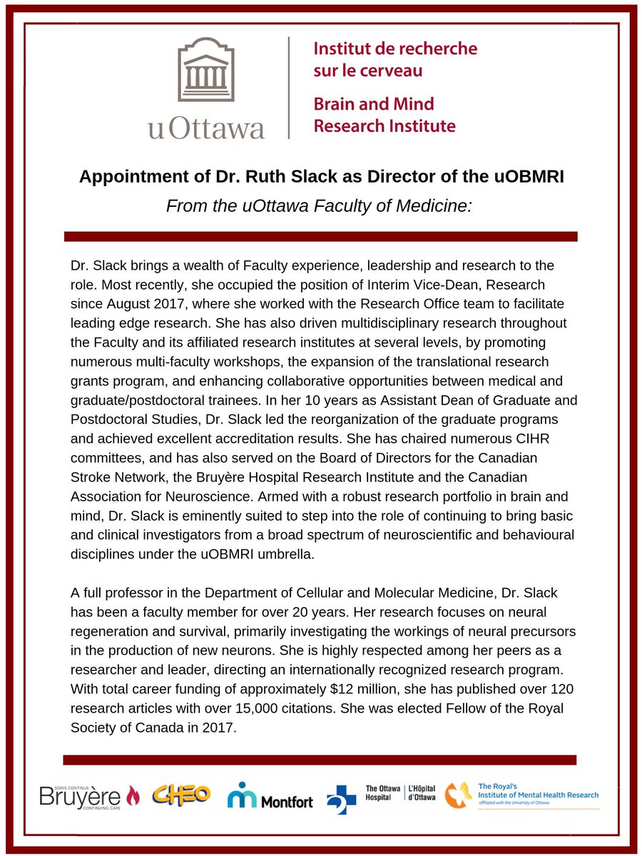 We're excited to share that Dr. Ruth Slack has been appointed as Director of the uOBMRI.

Dr. Slack brings a wealth of Faculty experience, leadership and research to the role. Learn more about Dr. Slack in her bio below. We look forward to welcoming her to the uOBMRI on June 1.