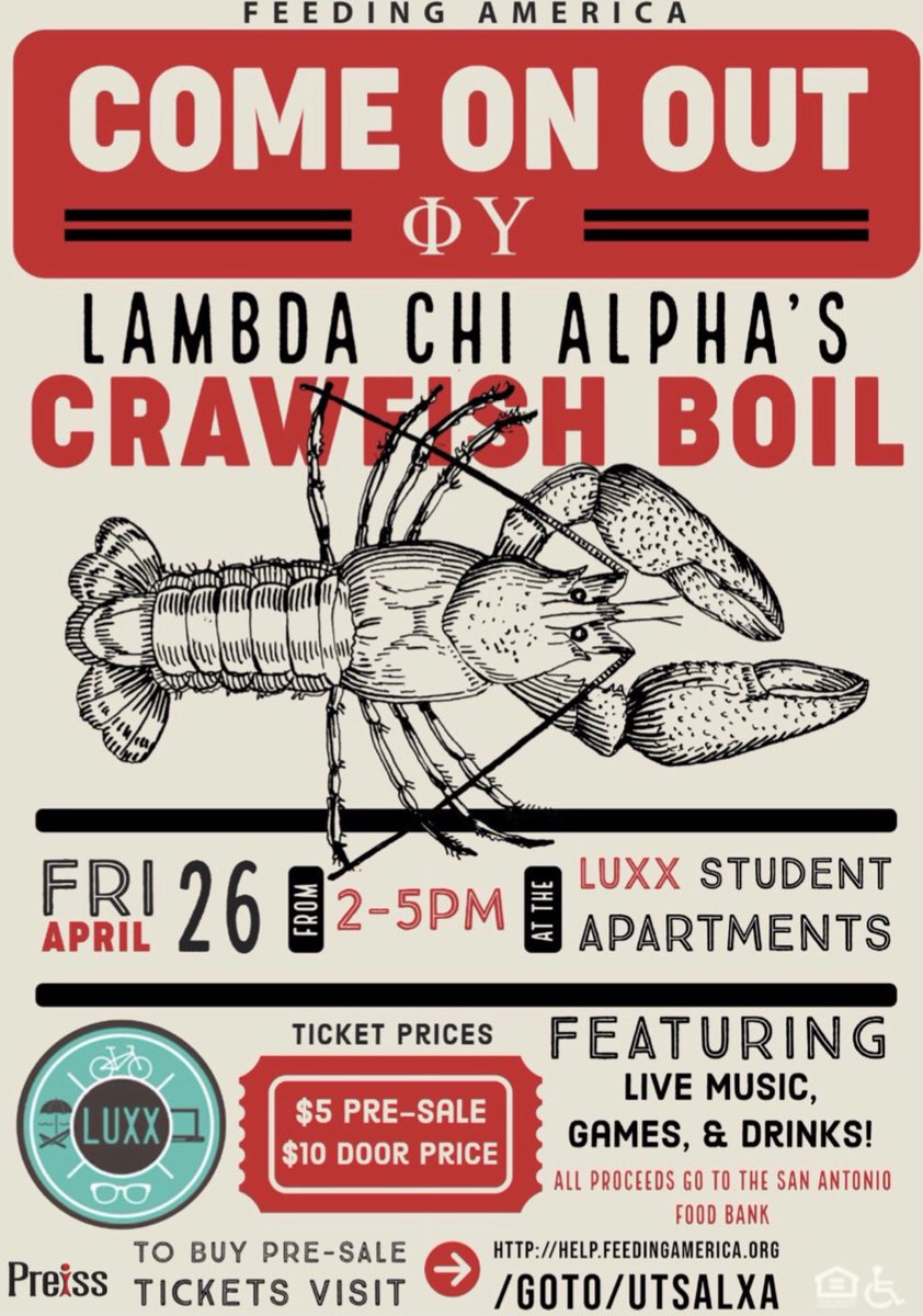Join us and @LambdaChiUTSA for our 3rd Annual Crawfish Boil on April 26! Buy your plates in advance for $5. All the proceeds will go to the San Antonio Food Bank. We can’t wait to see you all there! 
•
•
•
•
#liveluxx #utsa #satx #crawfishboil #safoodbank #utsalxa